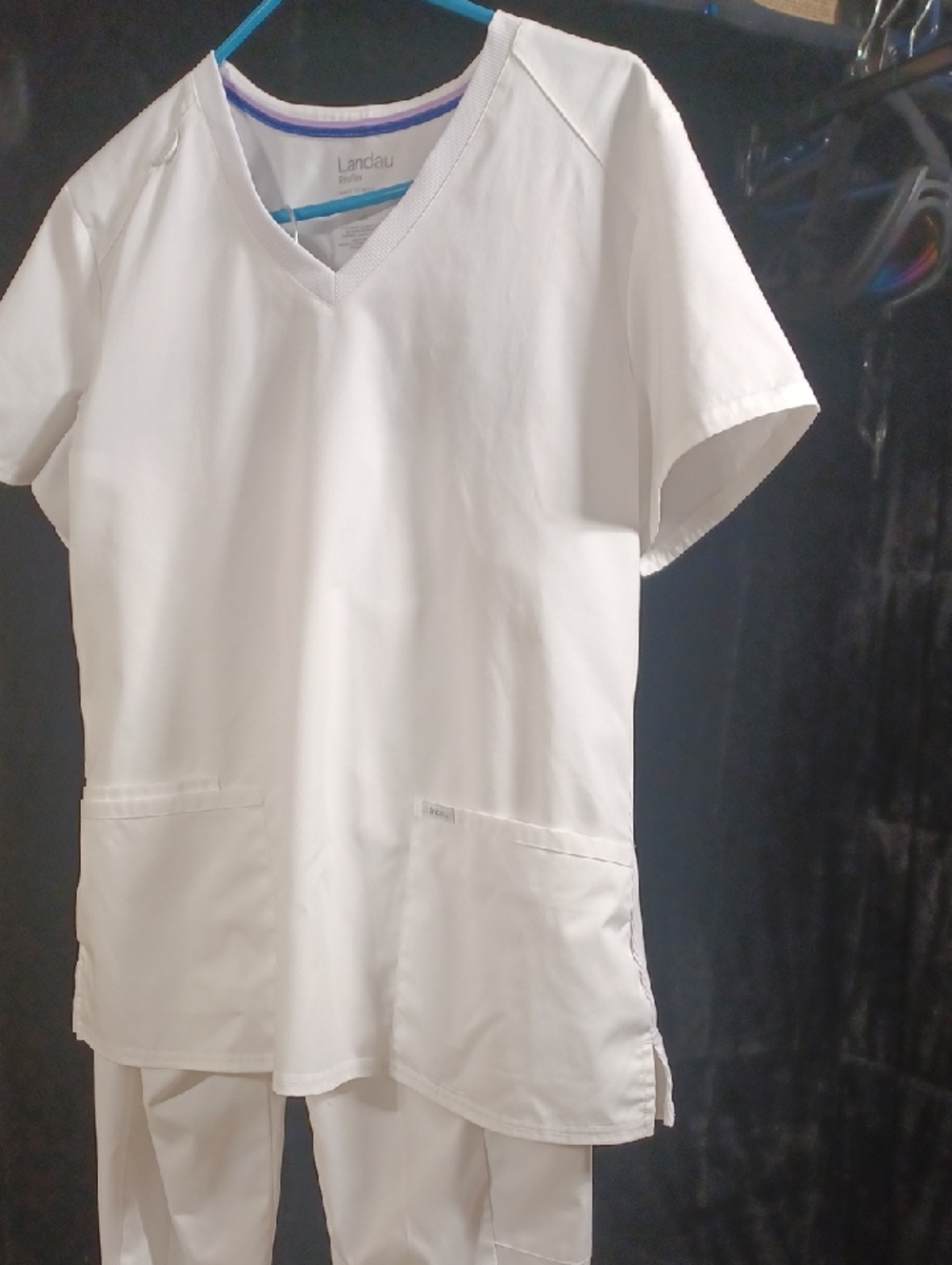 Landau White V-Neck Medical Scrub Top with Contrast Neck Trim + Matching Pants